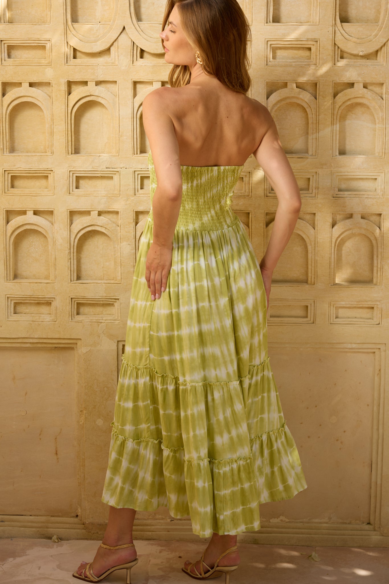Luna Strapless Midi Dress in Pistachio Tie Dye