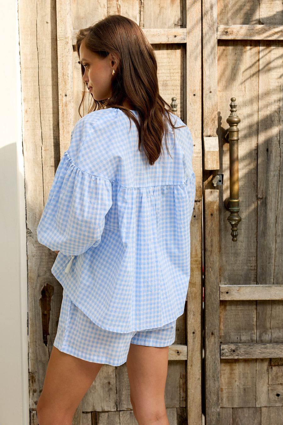 Mindy Cotton Top in Gingham Blue Powder