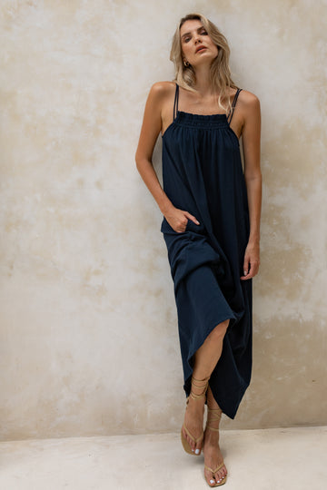 Pippa Midi Dress in Navy Cotton Gauze