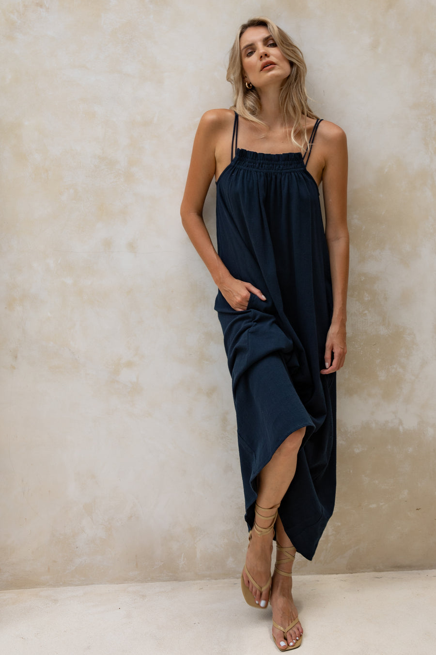 Pippa Midi Dress in Navy Cotton Gauze